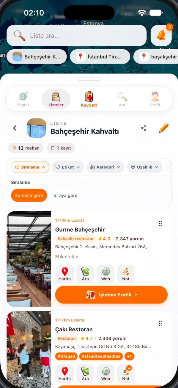 Mappzi gerçek listesinde konuma göre sıralama seçenekleri