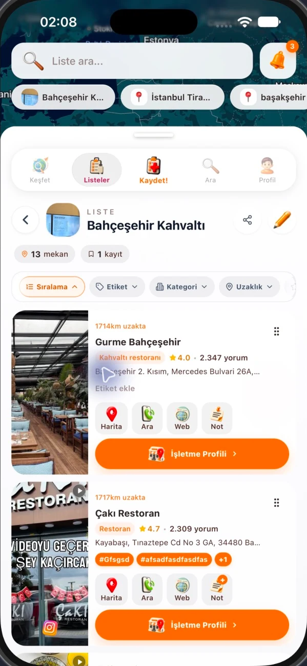 Mappzi gerçek Bahçeşehir Kahvaltı listesi ve içindeki mekânlar
