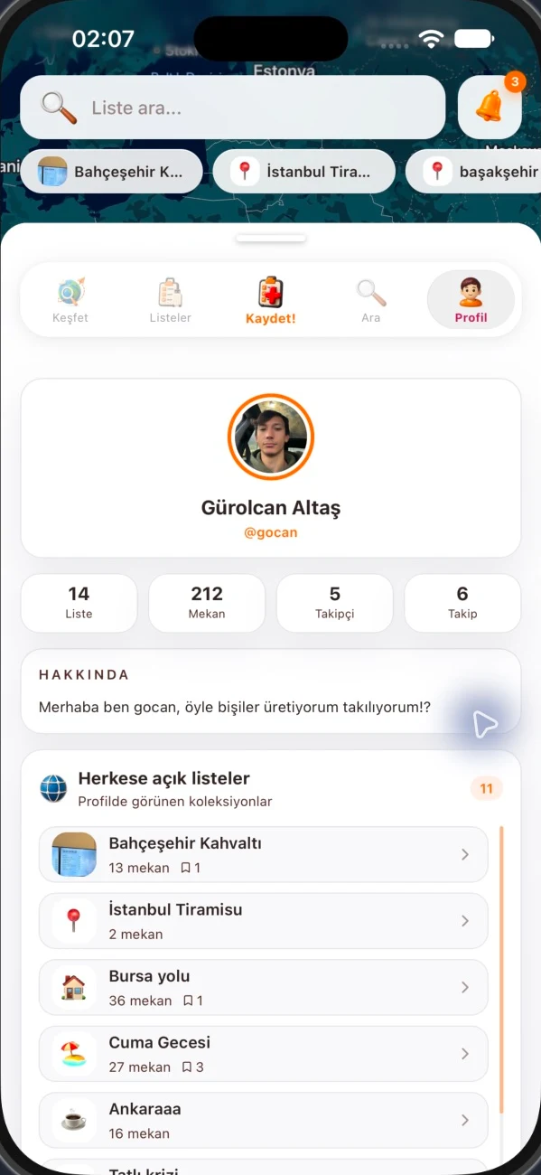 Mappzi gerçek kullanıcı profili ve herkese açık listeleri